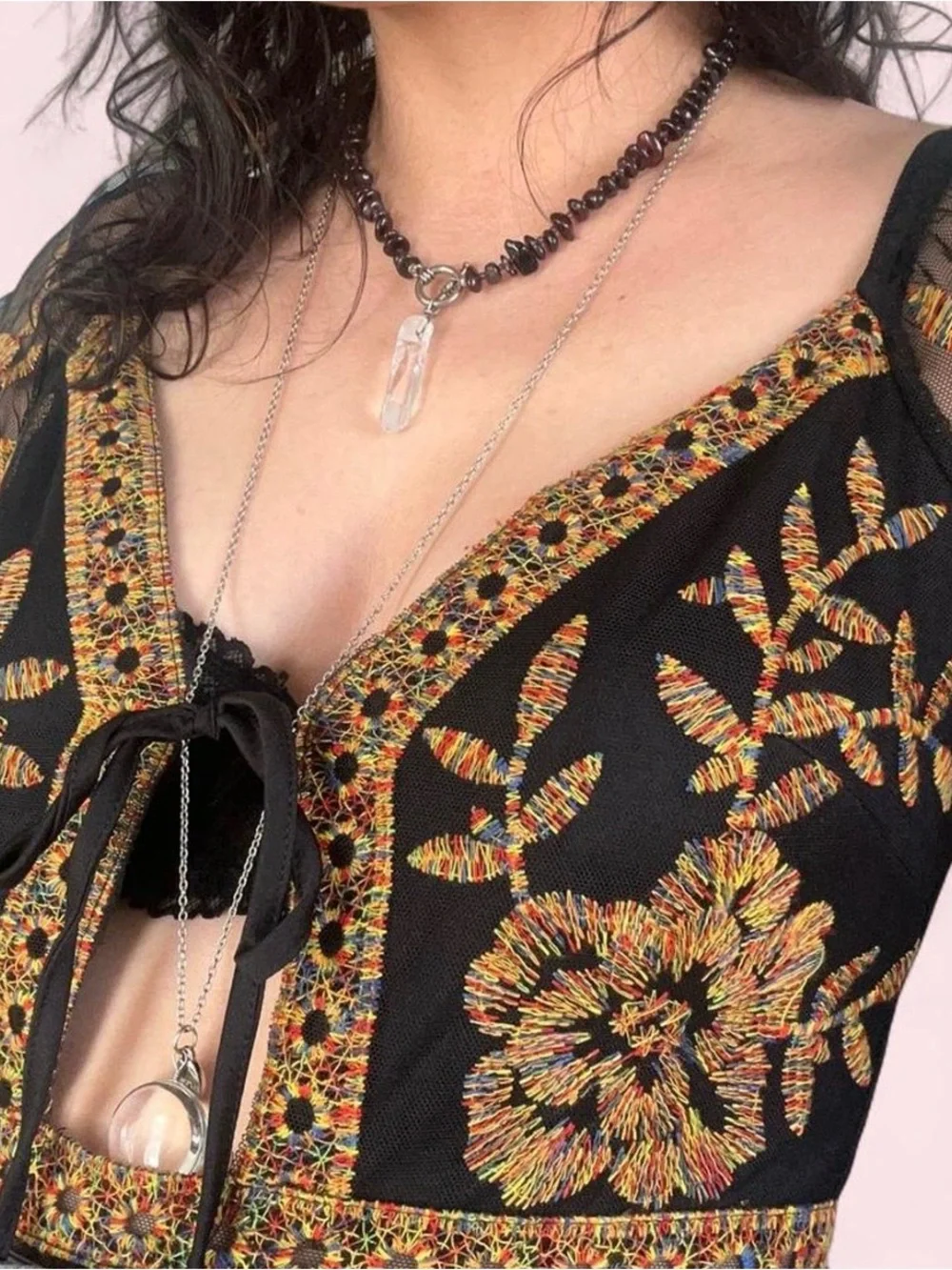 Black Sheer Embroidered Tie-Front Bodysuit with Gold Floral Detail - Picture 2 of 7